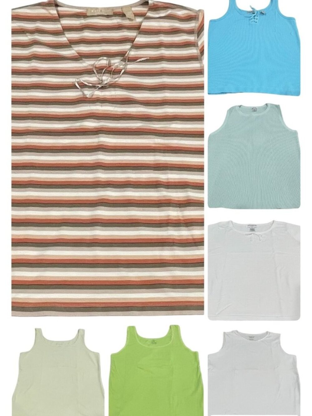 7 Womens Tank Top Lot sz L Shirt Green White Blue Cotton Minimalist Indie Layers